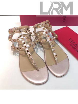 Valentino Rockstud Flat Thong Sandal in champagne Leather 2020