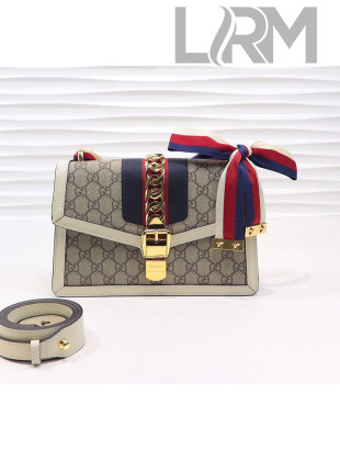 Gucci Sylvie GG Small Shoulder Bag with Web Ribbon Strap 421882 White 2019