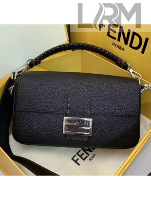 Fendi Litchi Grained Calfskin Medium Baguette Flap Shoulder Bag Black 2019