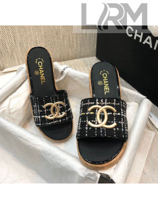 Chanel Metal CC Tweed Slide Sandals G34826 Black 2021