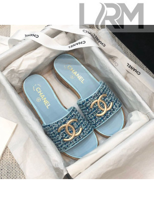 Chanel Metal CC Tweed Slide Sandals G34826 Light Blue 2021