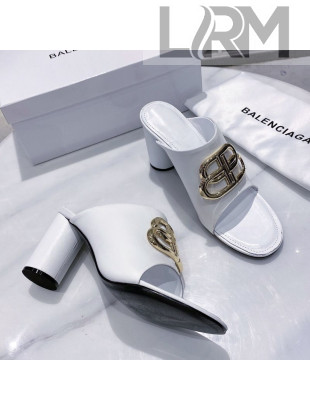 Balenciaga Oval BB Calfskin High-Heel Mules Slide Sandal White/Gold 2020