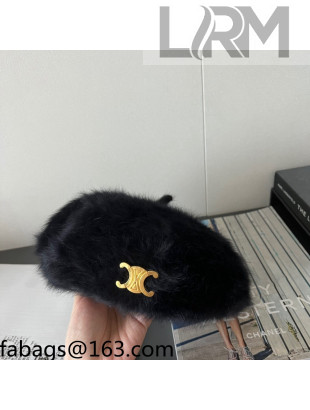 Celine Rabbit Fur Beret Hat Black 2021 110530