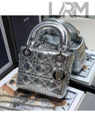 Dior Lady Dior Mini Bag in Silver Textured Metallic Leather 2021