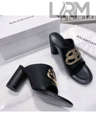 Balenciaga Oval BB Calfskin High-Heel Mules Slide Sandal Black/Gold 2020