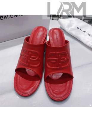 Balenciaga Oval BB Calfskin Heel Mules Slide Sandal All Red 2020