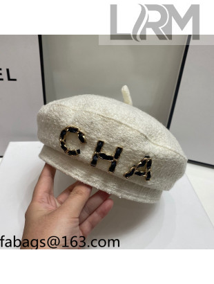 Chanel Tweed Beret Hat White 2021 110534