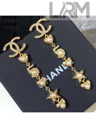 Chanel 5 Heart and Star Long Earrings AB2341 Gold/Pearly White/Crystal 2019