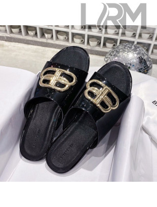 Balenciaga Oval BB Patent Leather Flat Mules Slide Sandal Black/Gold 2020