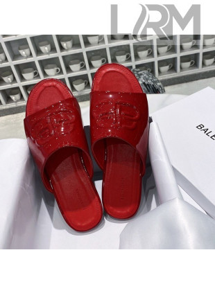 Balenciaga Oval BB Patent Leather Flat Mules Slide Sandal All Red 2020