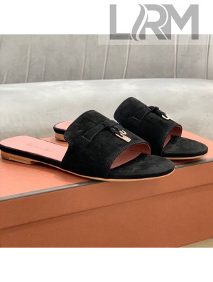 Loro Piana Suede Flat Slide Sandals Black 2021 03