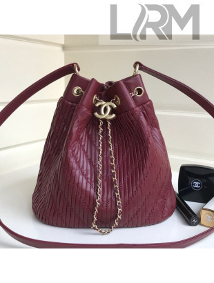 Chanel Chevron Pleated Bucket Bag Burgundy 2019
