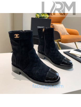 Chanel Quilted Suede CC Buckle Short Boots G36763 Black 2020