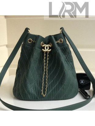 Chanel Chevron Pleated Bucket Bag Green 2019