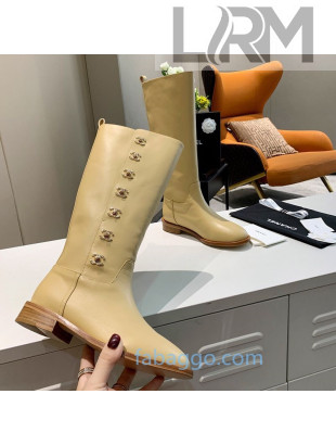 Chanel Calfskin CC Buckle Side High Boots Apricot 2020