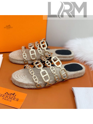 Hermes "Chaine d'Ancre" Espadrille Slide Sandals Gold 2021