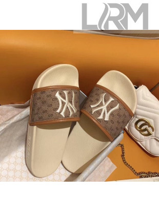 Gucci GG Canvas NY Embroidery Slide Sandal Brown/White 2020(For Women and Men)
