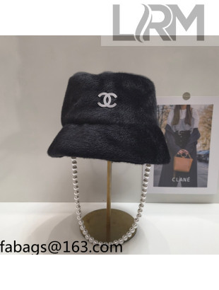 Chanel Fur Bucket Hat with Pearl Black 2021 110545