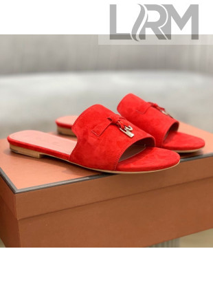 Loro Piana Suede Flat Slide Sandals Red 2021 09