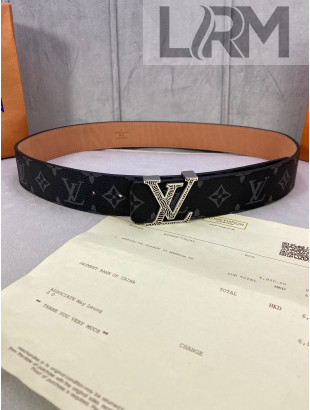 Louis Vuitton Monogram Black Canvas Belt 40mm with Silver Striped LV Buckle 2020