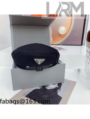 Prada Cotton Beret Hat with Buckle Black 2021 110551