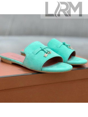 Loro Piana Suede Flat Slide Sandals Blue 2021 10