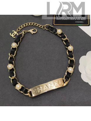 Chanel Chain Leather Tag Choker Necklace Black 2019
