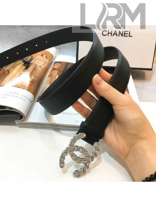 Chanel Lambskin Leather 3CM Width Belt with Crystal Metal Buckle Black 002 2019