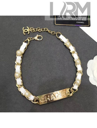 Chanel Chain Leather Tag Choker Necklace White 2019