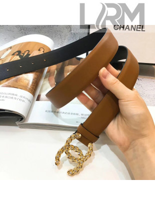 Chanel Lambskin Leather 3CM Width Belt with Crystal Metal Buckle Brown 005 2019