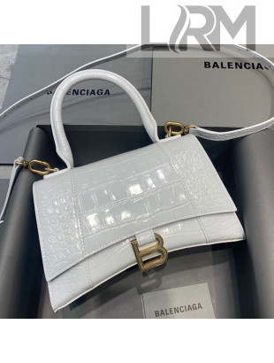 Balenciaga Hourglass Small Top Handle Bag in Shiny Crocodile Leather White 2021