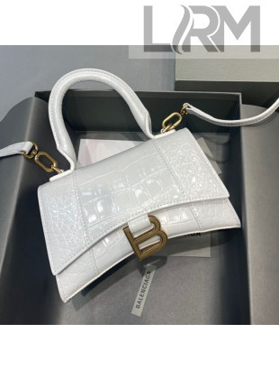 Balenciaga Hourglass Mini Top Handle Bag in Shiny Crocodile Leather White 2021