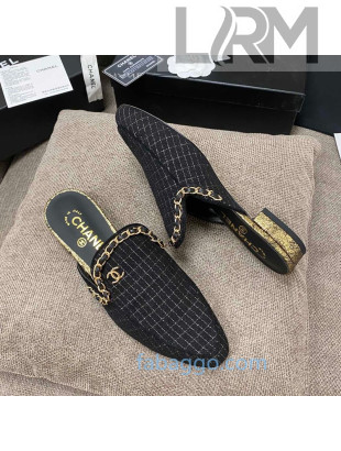 Chanel Checked Tweed Flat Mules with Chain Charm Black 2020 06