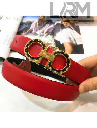 Ferragamo Double Reversible Calfskin Leather 2.5cm Belt with Metal Crystal Buckle Red 2019