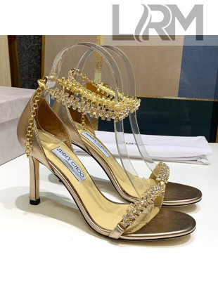 Jimmy Choo Metallic Leather Crystal Heel Sandals 85mm Gold 2020