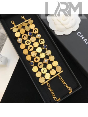 Chanel Round Metal Cutout Lettering Wide Bracelet AB1587 Gold/Blue 2019