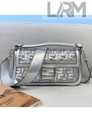 Fendi Baguette Medium Bag FF Sequins Silver 2021