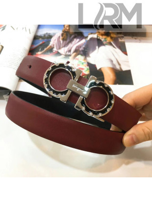 Ferragamo Double Reversible Calfskin Leather 2.5cm Belt with Metal Crystal Buckle Burgundy 2019