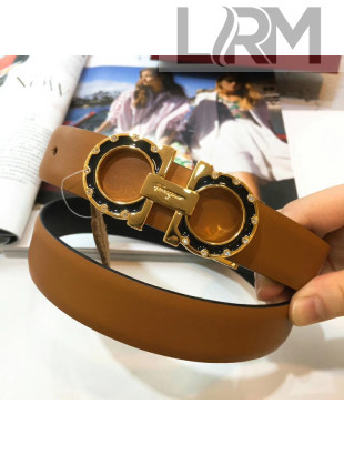Ferragamo Double Reversible Calfskin Leather 2.5cm Belt with Metal Crystal Buckle Brown 2019