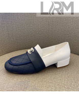 Chanel Quilted Calfskin Matte Flat Loafers Navy Blue/White 2020