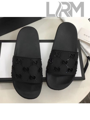 Gucci Rubber GG Slide Sandal 573922 Black 2020(For Women and Men)