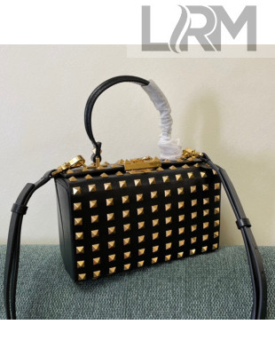 Valentino Rockstud Alcove Grainy Calfskin Box Bag with All-Over Studs Black/Gold 2021 4400