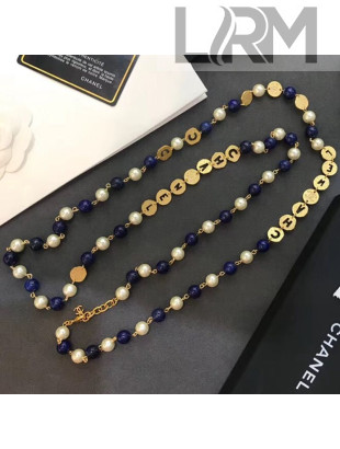 Chanel Round Metal and Pearl Sweater Long Necklace Gold/Blue/White 2019