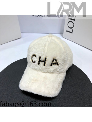Chanel Rabbit Fur Baseball Hat White 2021 110582