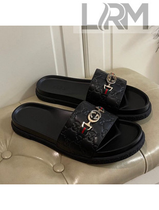 Gucci Men's Zumi GG Leather Slide Sandals Black 2021 02