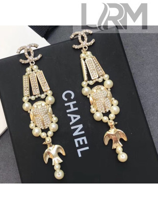 Chanel Beetle Pearl Long Earrings White/Gold 2019
