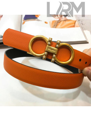 Ferragamo Double Reversible Grainy Calfskin Leather 2.5cm Belt with Metal Pearls Buckle Orange 2019 