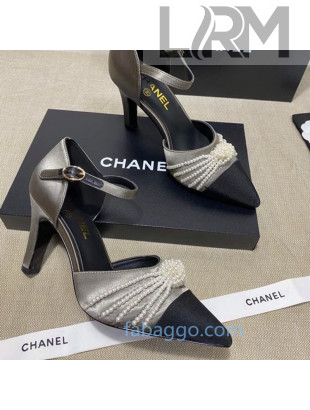 Chanel Satin Pearl Knot Pumps with Straps G36466 Gray 2020