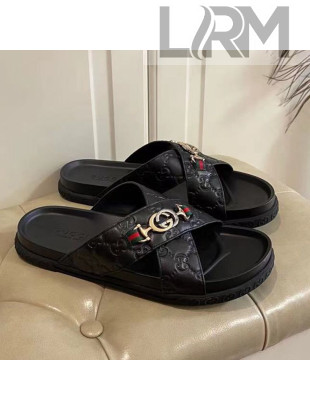 Gucci Men's Zumi GG Leather Slide Sandals Black 2021 04