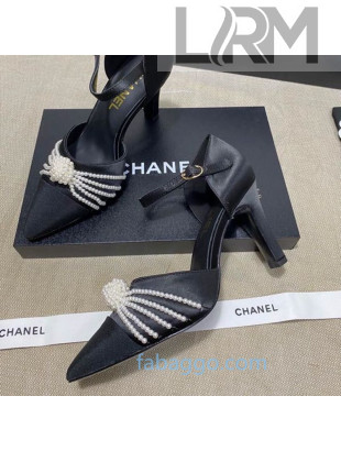 Chanel Satin Pearl Knot Pumps with Straps G36466 Black 2020